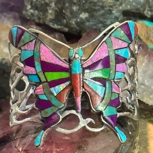 Turquoise and inlay multi stone butterfly statement sterling silver cuff